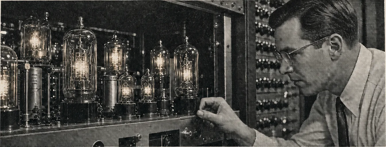 An engineer inspecting glowing vacuum tubes in an early computer, printed in a 1950s magazine halftone.